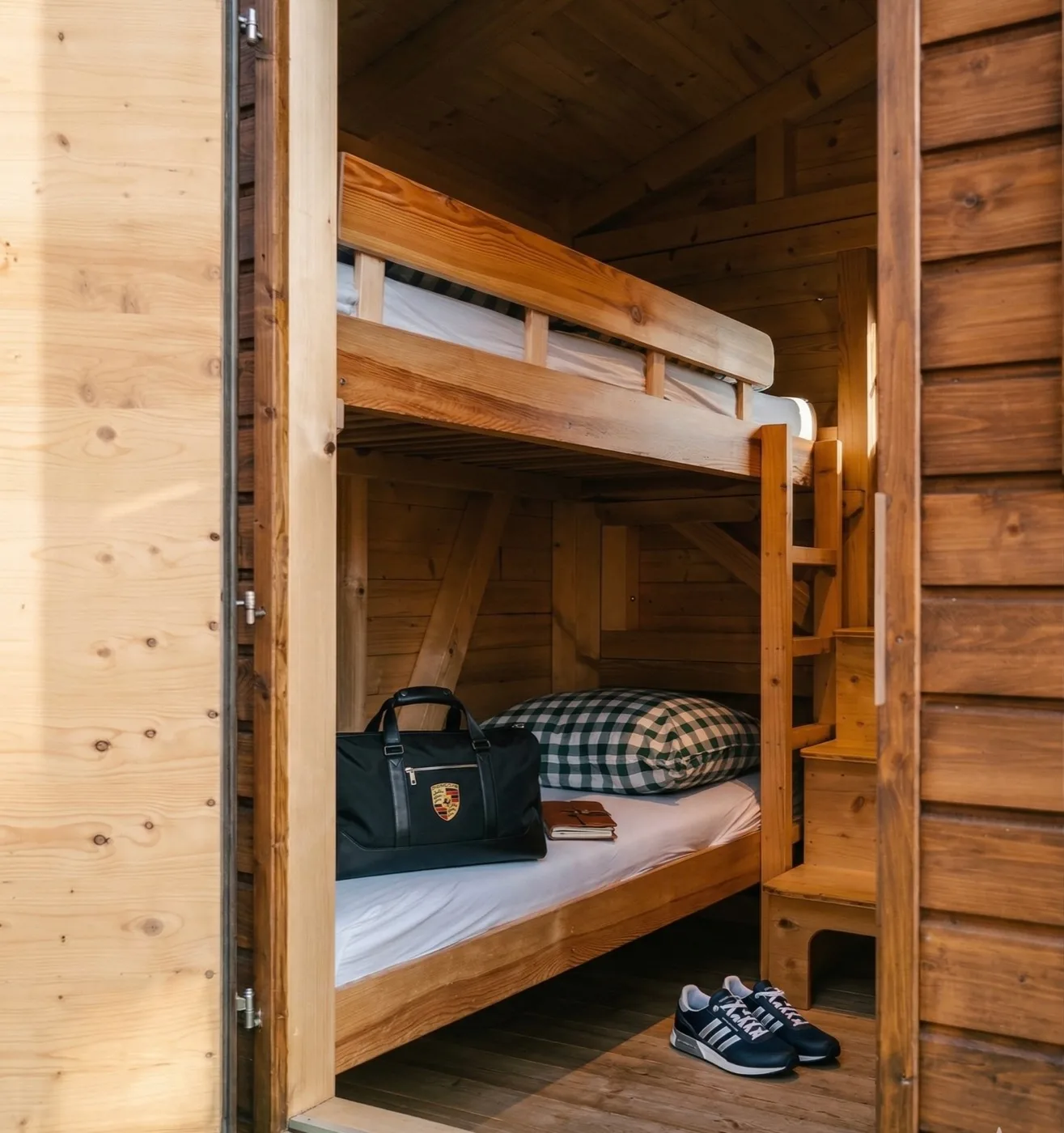 Unteres Stockbett im Holzchalet mit Gepäck — Camping Red Bull Ring