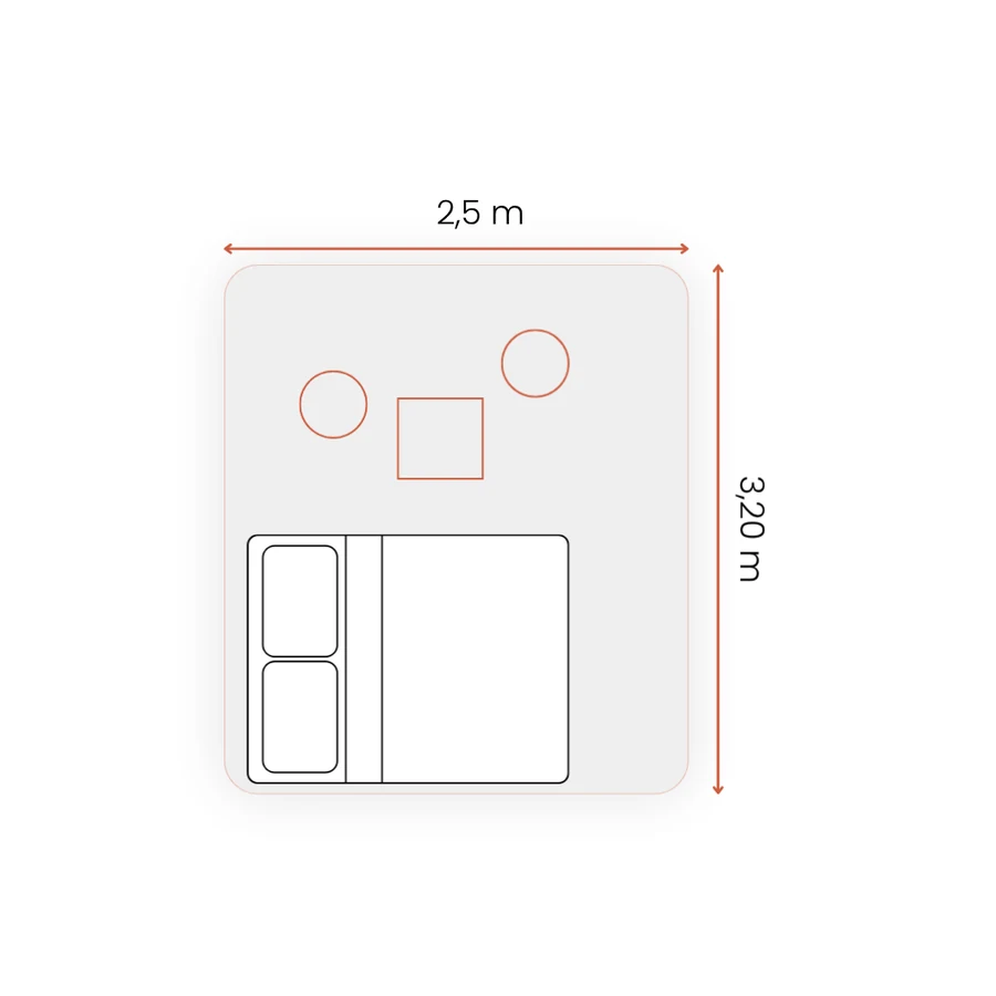 Floor plan of the comfort tent for 2: 2.5 × 3.20 m with one double bed, a table and two stools