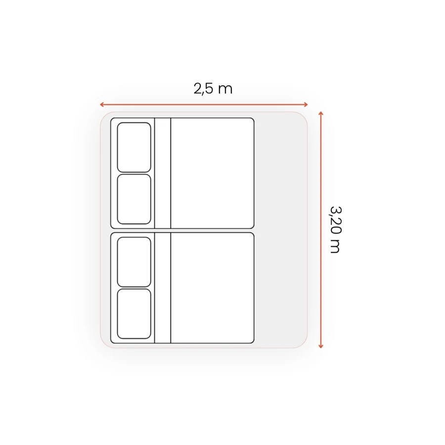 Floor plan of the comfort tent for 4: 2.5 × 3.20 m with two double beds side by side