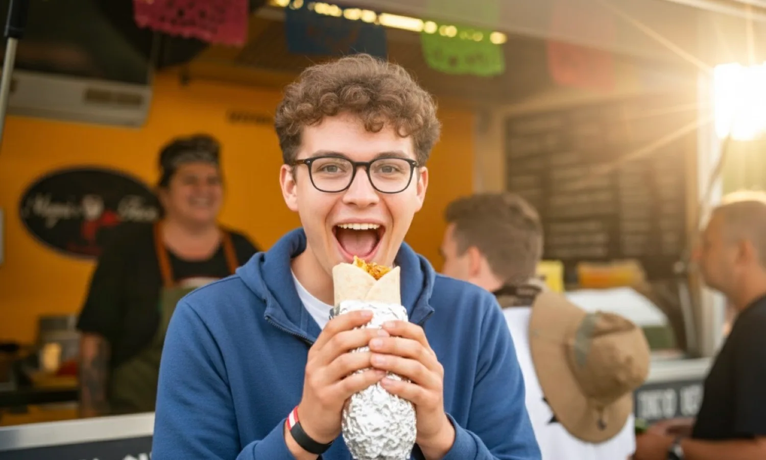 Gost s svežim wrapom pri MAMAS TACOS — food truck v kampu ob Red Bull Ringu